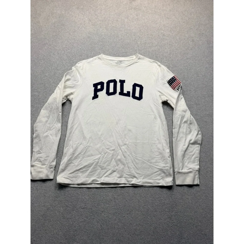 Polo Ralph Lauren Mens White Long Sleeve Arched Logo American Flag T-Shirt M